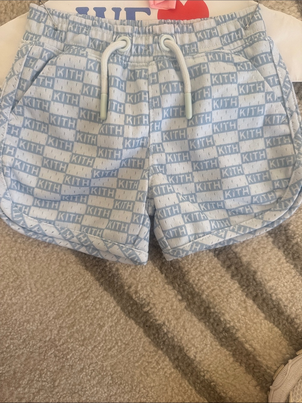 Kith Light Blue and White Logo-Print Drawstring Shorts
